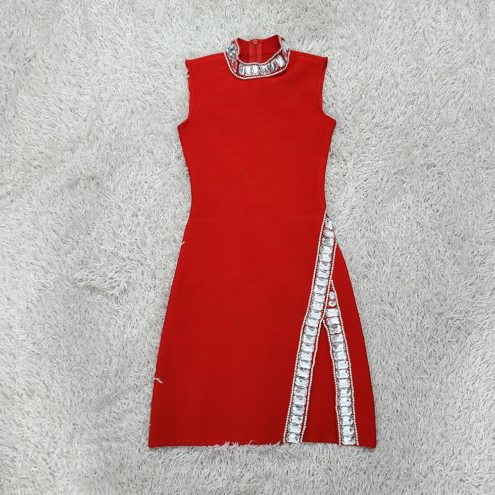 Sexy High Quality Rhinestones Short Party Dress Women Bandage Sleeveless Red Dresses 2025 Fashion Club Vestidos Robes