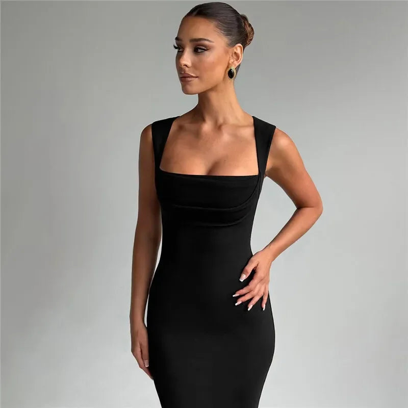 Square Collar Sleeveless Sexy Maxi Dress For Woman Fashion Spring Summer New High Waist Bodycon Club Party Long Dress - Shellss