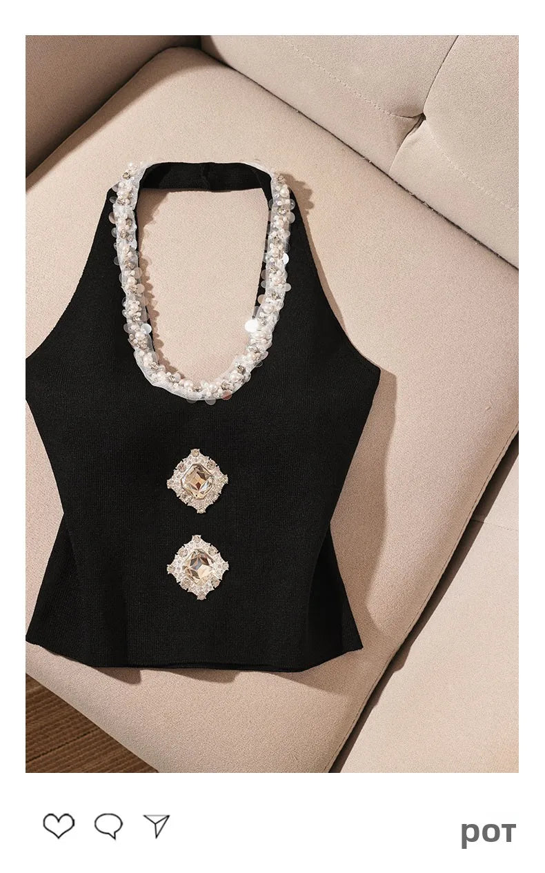 Heavy-Embroidered Diamond Backless Hanging Neck  Strap Vest Women Summer Slim Fit Short Spicy Sleeveless Black Top Women