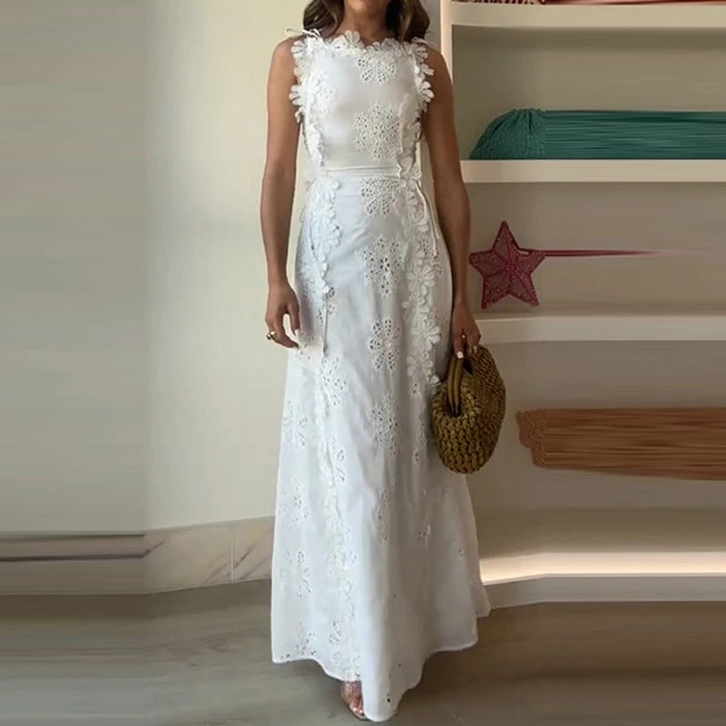 White Cotton Lace Embroidery Dress