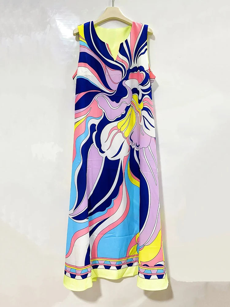 2026 Summer Women's Clothing Retro Geometric Print V-neck Pullover Sleeveless Dress Fashion Loose Large Size A-Line Tank Top - Shellss