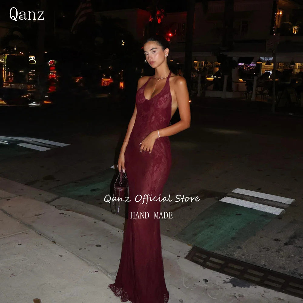 Qanz Modern Lace Appliques Evening Dresses Mermaid Burgundy Wedding Guest Dress Backless Vestidos Feminino Elegante Customized