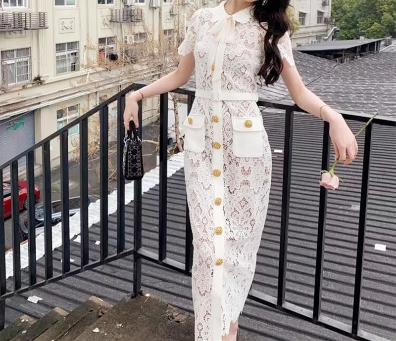 Lace Midi Dress Single Breasted Metal Buttons