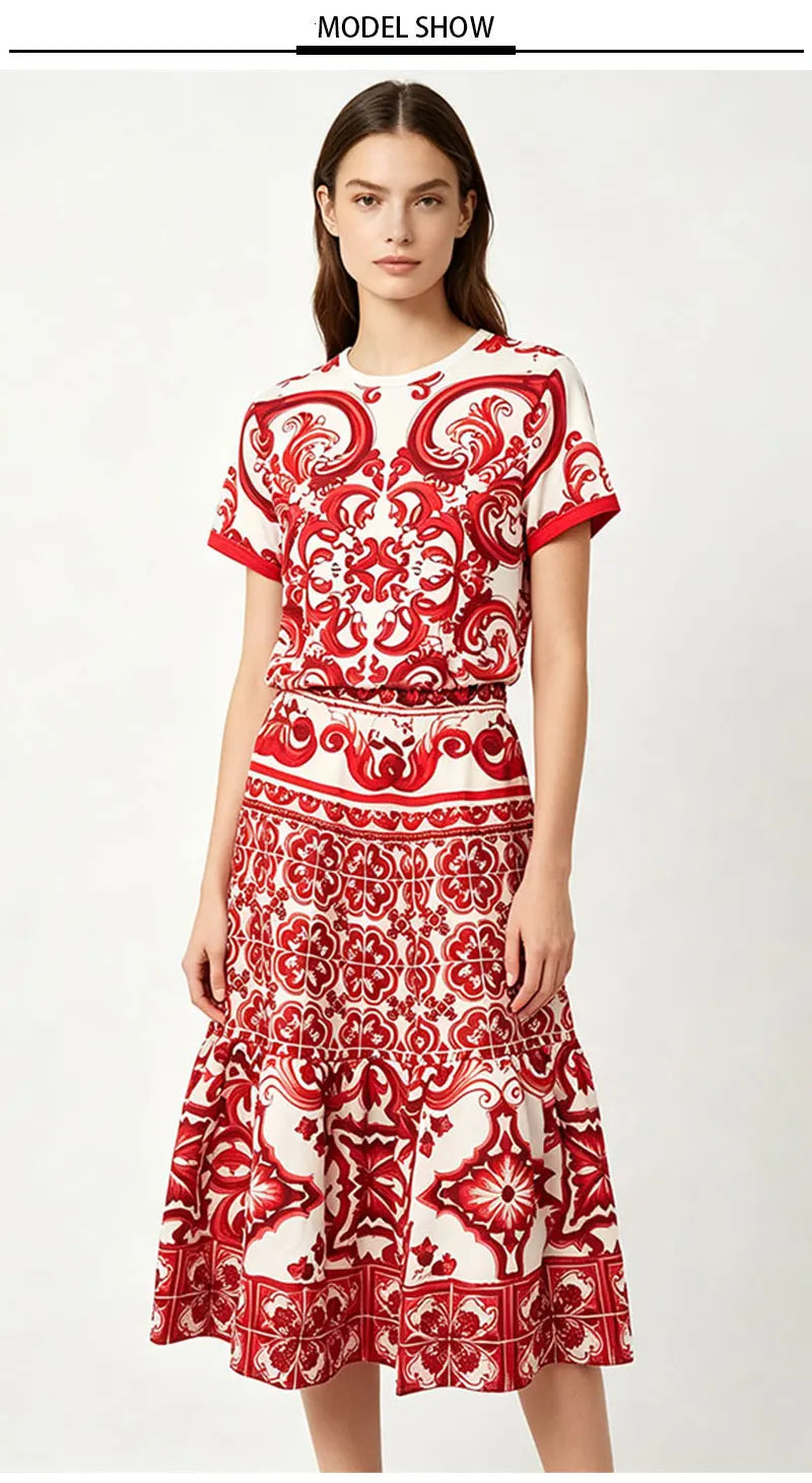 2026 Fashion Print Two-Piece Suit T-Sleeve T-Shirt round Neck Short Sleeves Big Fluffy Skirt Temperament Female Dress Code - Shellss