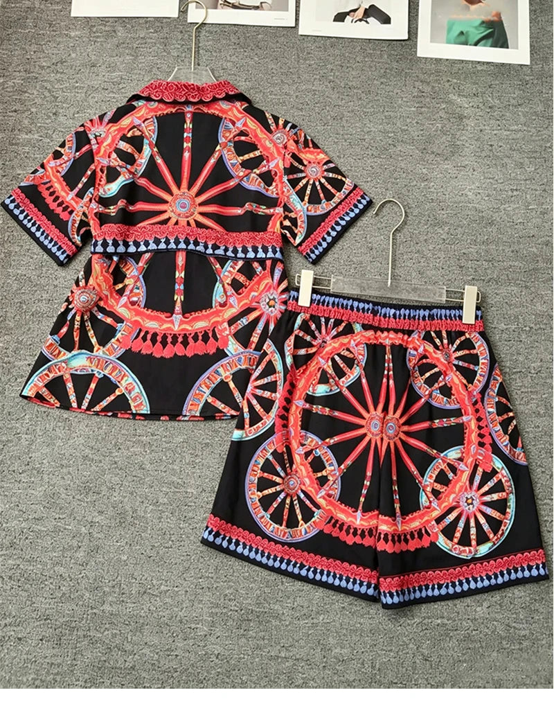 Elegant Retro Wheel Print Two-Piece Suit for Women Short Sleeve Lapel Lace-Up Shirt with Elastic Waist Shorts Summer Fashion - Shellss