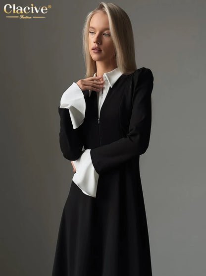 Black Elegant Lapel Long Sleeve Office Midi Dresses