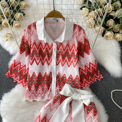 Retro Hollow out Wave Knit Set