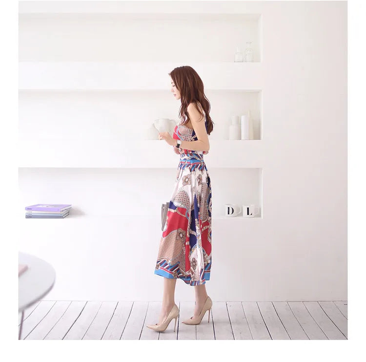 H Han Queen Hot Sale Summer Women Print Work 2 Pieces Set Camisole Top Blouses + Vintage A-Line Skirt Korean Simple Skirt Suit