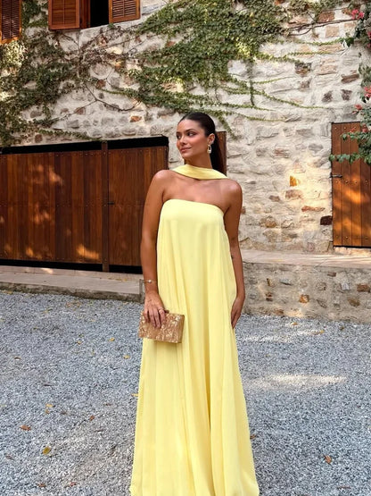 Yellow With Scarf Off Shoulder Backless