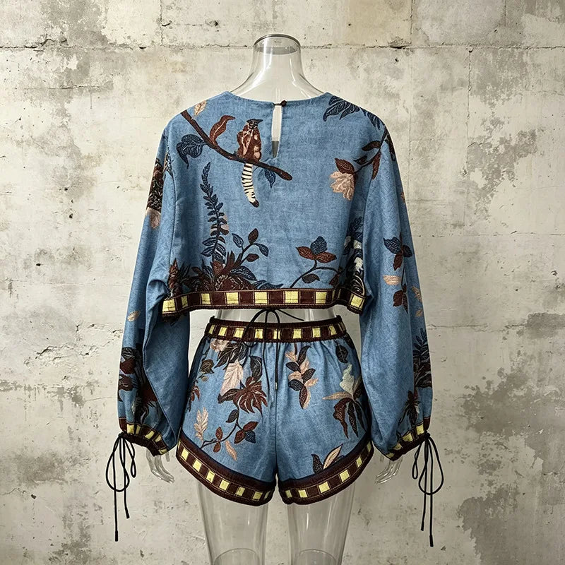 Bohemian Style Short Sleeve T-Shirt And High Waist Shorts Set round Neck Lantern Sleeve Print Casual Fashion Women's Outfit - Shellss