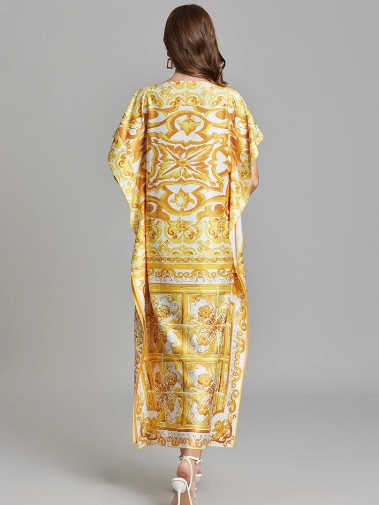 Summer Runway Vacation Yellow Batwing kaftans Dolce Dress - Shellss