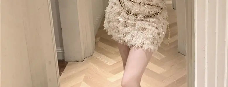 Summer New Little Fragrance Style Hot Girl Tassel Bright Particle Top Bodycon High Waist  Skirt Two Piece Set Women
