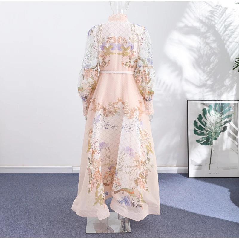 Floral Print Women Dress Button Down Mock Neck Maxi Dresses Long Lantern Sleeve A-Line Waist Belt Flared Hem Elegant Streetwear - Shellss