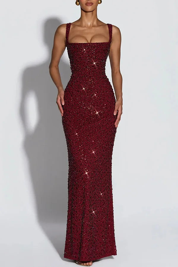 Women European American Sequin Cami Dress Sleeveless Tie Slim Fit Cocktail Party Evening Gown