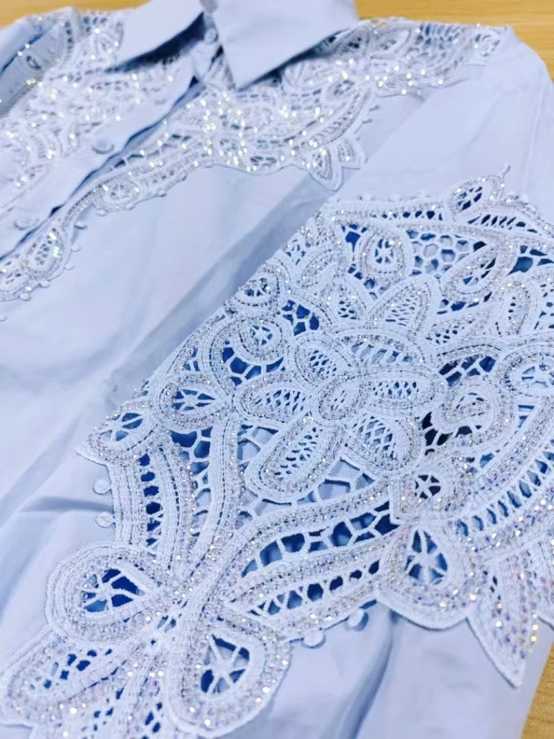 Luxury Brand Sparkle Embroidery Cotton Blue Blouses