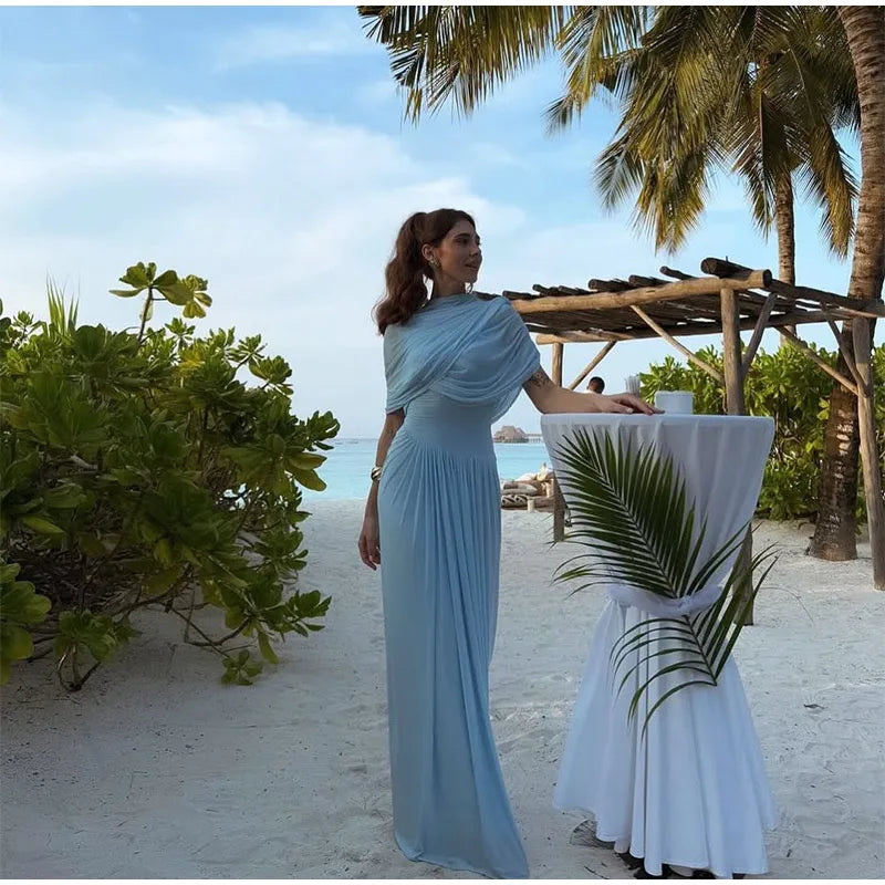 Irregular Shawl Blue Maxi Dress Women's Fashion Turtleneck Slim Fit Pleated Vestidos 2025 New Lady Evening Party Robes Summer - Shellss