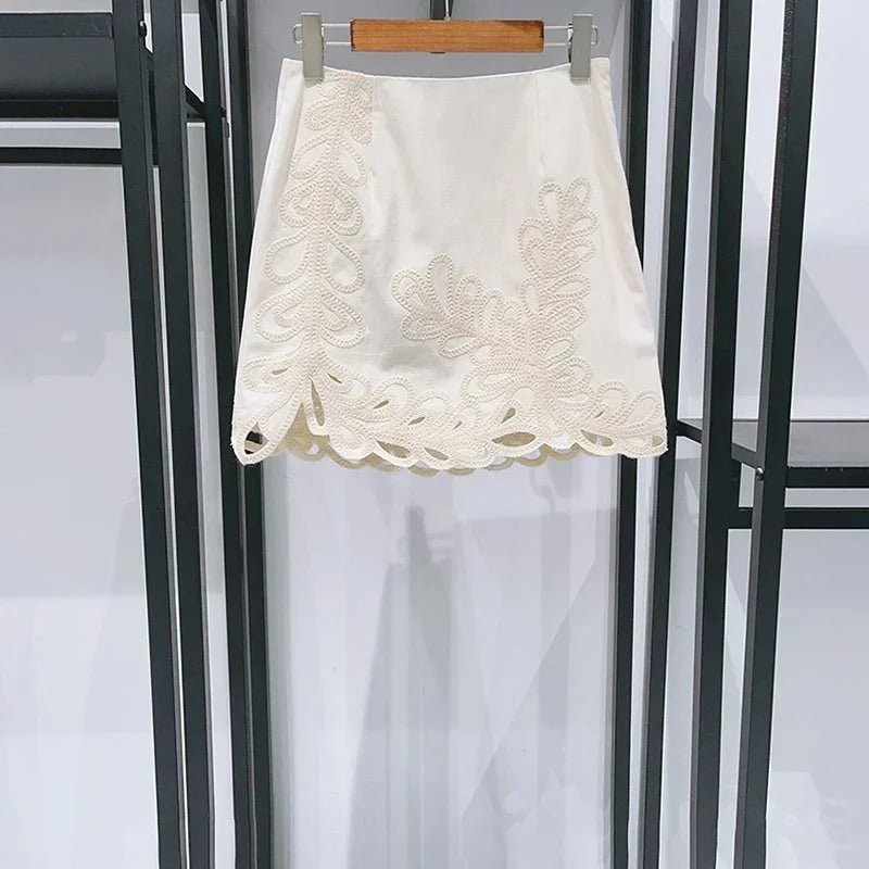 Crochet Hollow Out Embroidery Women's A-line Mini Skirt or Half Sleeve Round Neck Blouse for Female