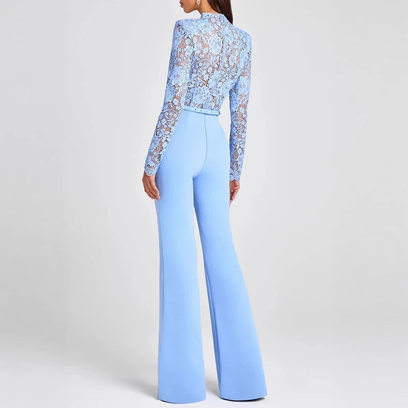 Jacquard Lace High-waisted Jumpsuit Embroidery Crochet