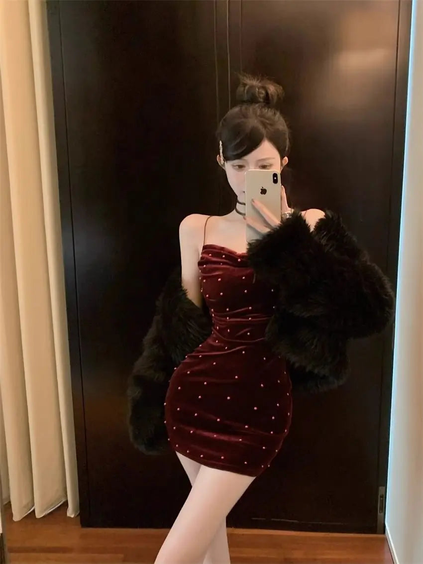 Spring Autumn Solid Color Fashion Slip Dress Women High Street Sexy Slim Pleated Package Hip Dress Embroidered Flares Vestidos