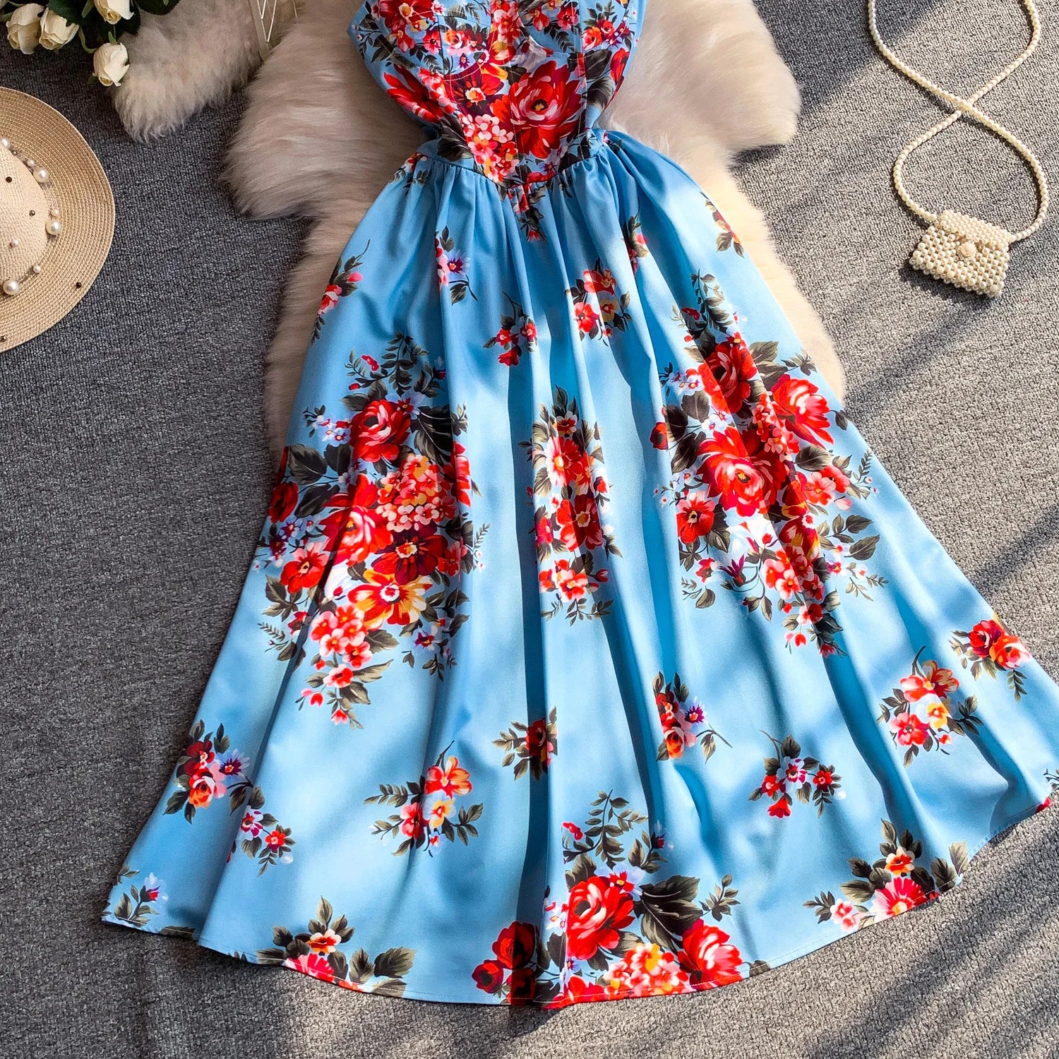 Retro Print Strapless Tube Dress Women's Summer Slimming A-Line Long Dress Court Style with Chest Pad Comfortable Breathable