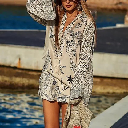2 pcs set - Casual Wave Printed Satin & Shorts