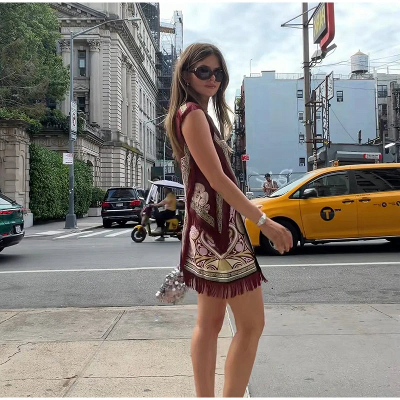 Women Retro Scarf Print Fringe Two Piece Set Sleeveless Round Neck Top Mini Skirt Boho 2026 Summer Vacation Matching Outfit - Shellss
