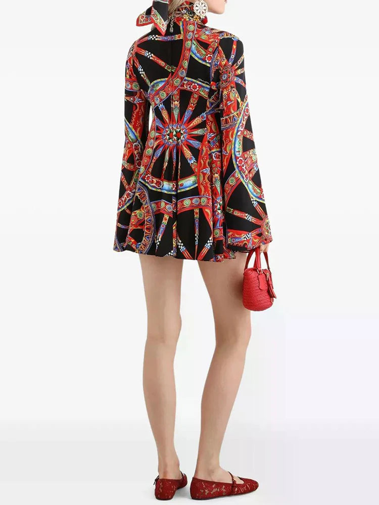 Design Retro Geometric Print High Collar Pullover Waist Dress 2026 Autumn Women's Clothing Fashion Stretch Knit Hip Cover Skirt - Shellss