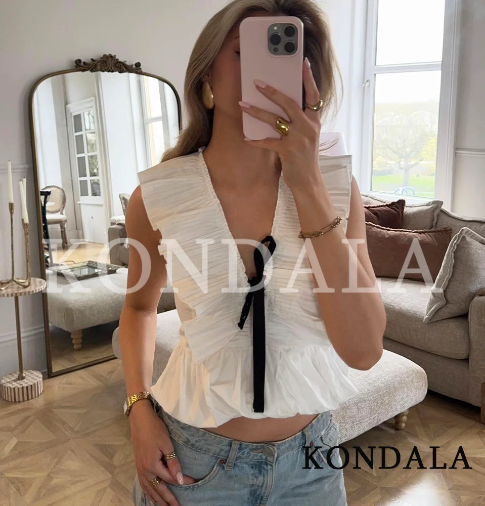 KONDALA Elegant Sweet Bow Tops Woman High Street Chic Pleated Deep V-Neck Tank Tops 2026 Summer Trendy Lady Holidays Dating Vest