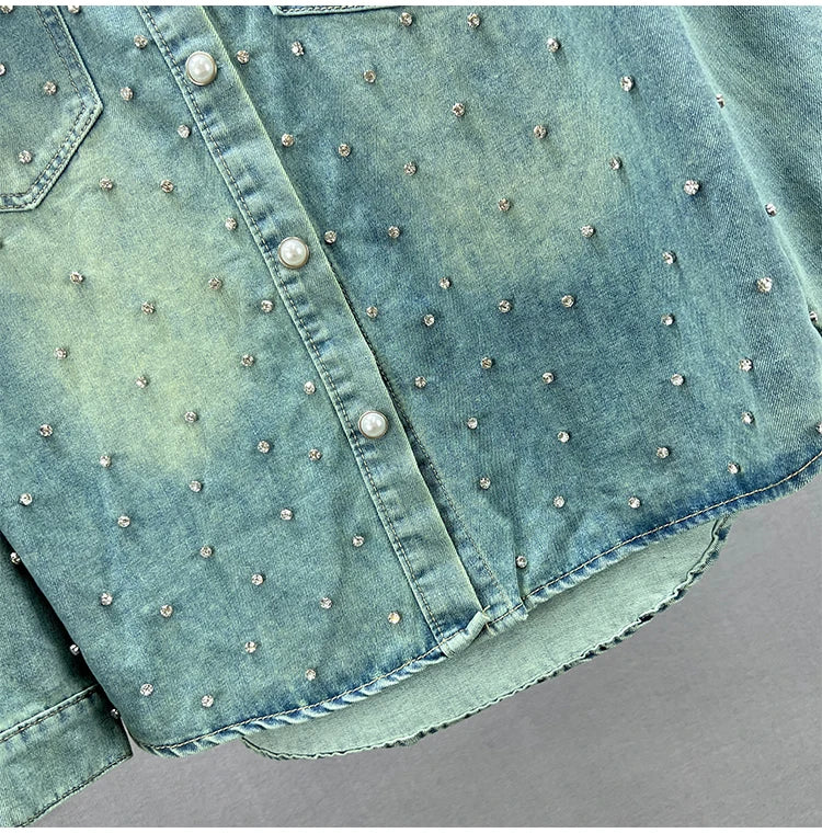 Denim Rhinestones Mid-length Shirt