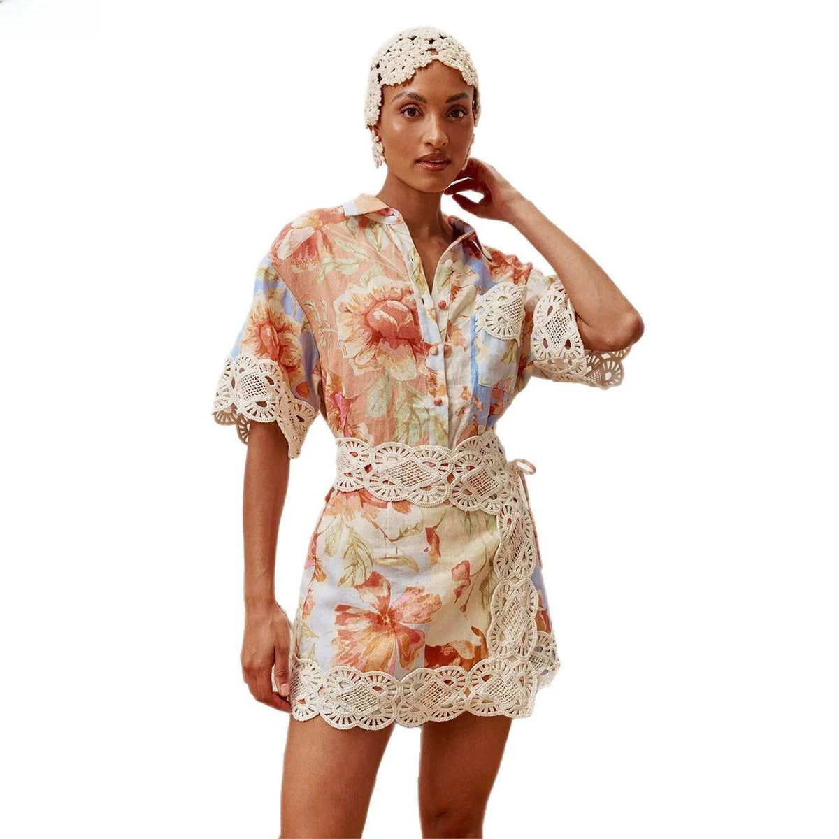 VACAY 2026 Women's Floral Lace Shirt Short Skirt Set Casual Three-Piece Suit European Style Three-Quarter Sleeve Plant Floral... - Shellss