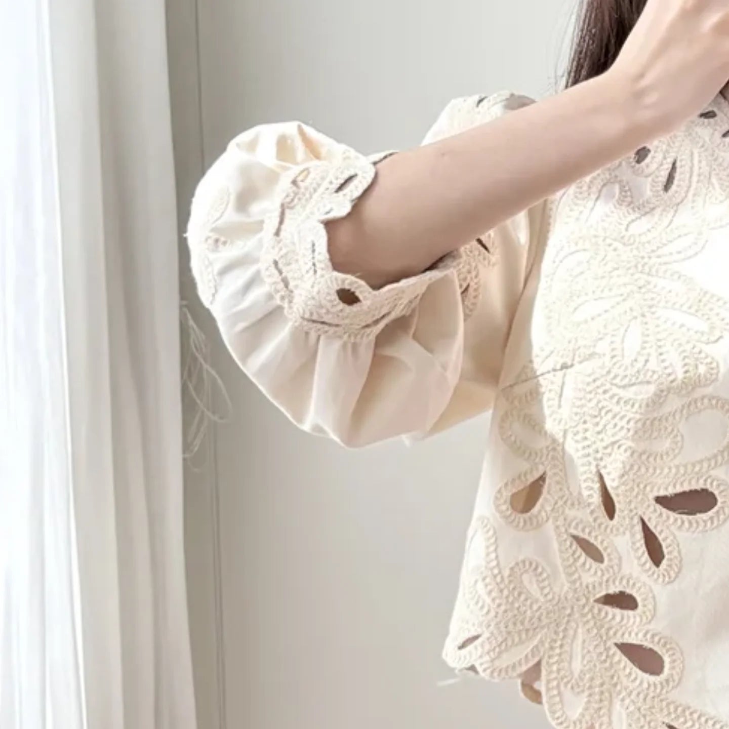 Crochet Hollow Out Embroidery Women's A-line Mini Skirt or Half Sleeve Round Neck Blouse for Female