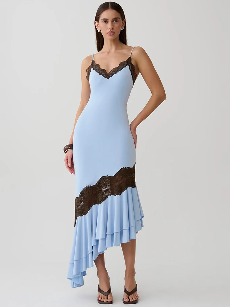 Mozision Women Spaghetti Strap V‑Neck Sexy Midi Dress Contrast White Lace Patchwork Ruffle Hem Bodycon Party Evening Dresses