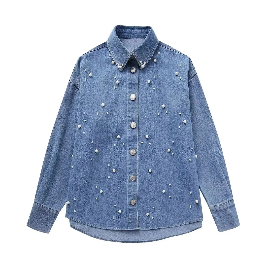 Pearl Denim Shirt Top Woman