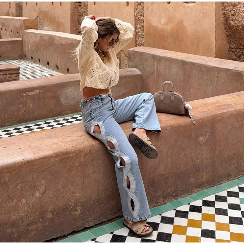 Fashion Side Hollow Out Jeans Women's High Waist Straight Leg Denim Pants 2026 Summer New Lady Trendy Casual Streetwear