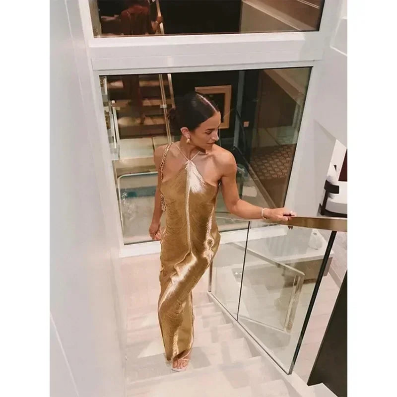 Women's Fashion Tassel Back Split Hanging Neck Dress