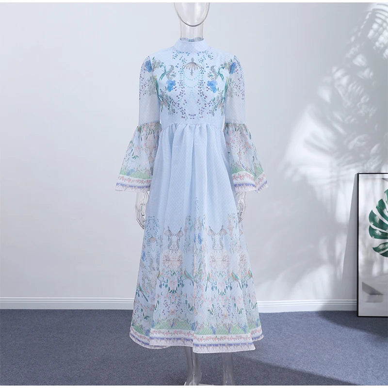Floral Print Women Dress Button Down Mock Neck Maxi Dresses Long Lantern Sleeve A-Line Waist Belt Flared Hem Elegant Streetwear - Shellss