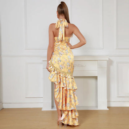 Beautiful Yellow Neck Fringe Floral Skirt Sexy Sleeveless Dress