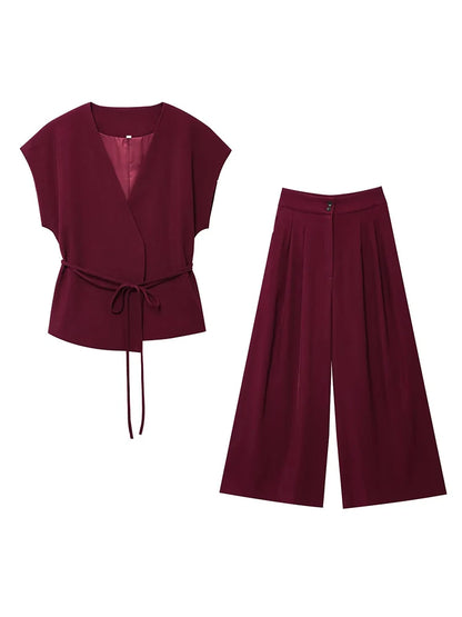 V-Neck Wrap Belted Pants Sets