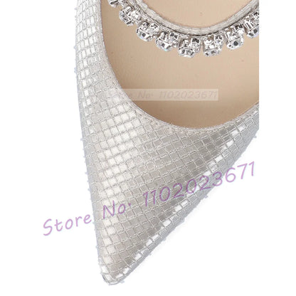 Silver Metallic Crystal Mules Rhinestone Arch Strap Heels