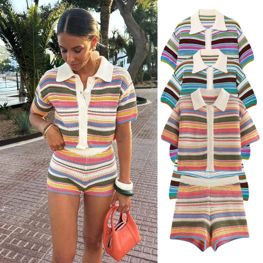 POLO collar short knitted striped shorts set