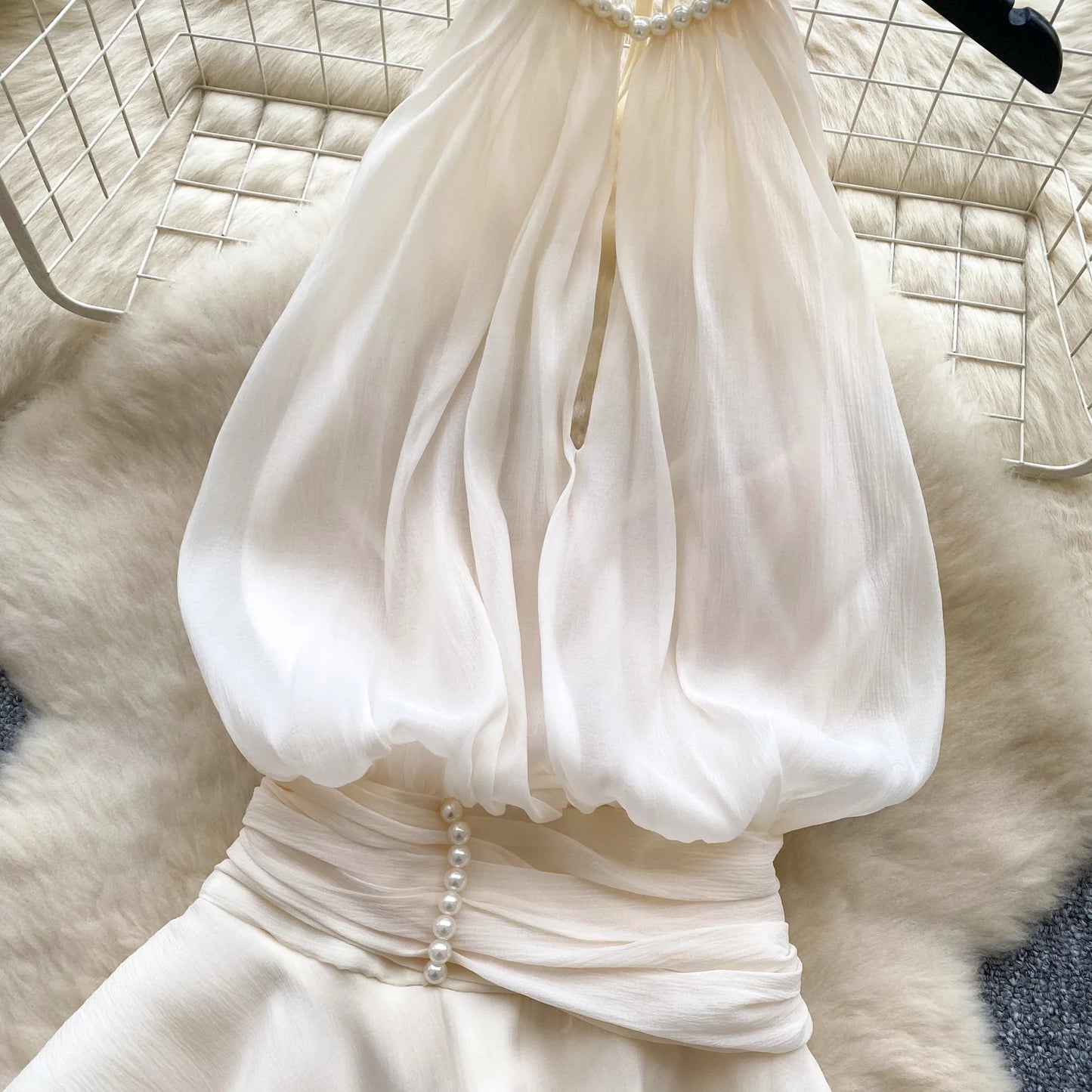 Chiffon Pearl Halter Mini Dress