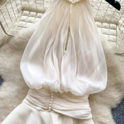 Chiffon Pearl Halter Mini Dress