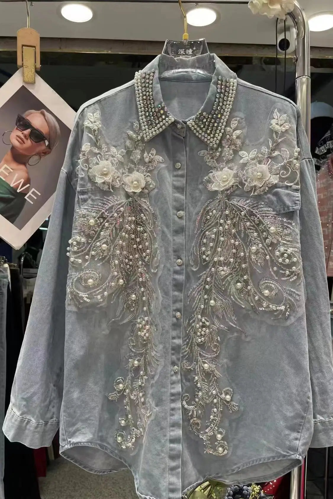 Diamonds Beaded Stitch Mid-length Denim Shirts