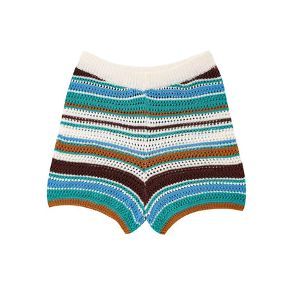 POLO collar short knitted striped shorts set