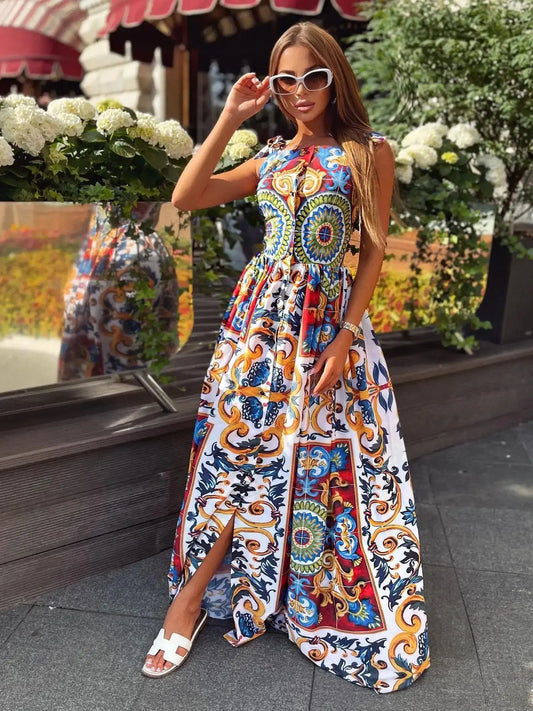 A line Bandage Print  Long Dress