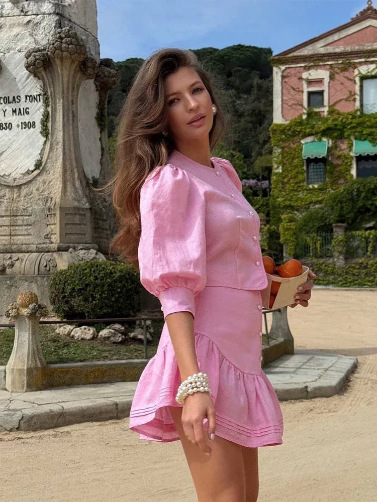 Elegant puff Sleeve Top Mini Skirt Set