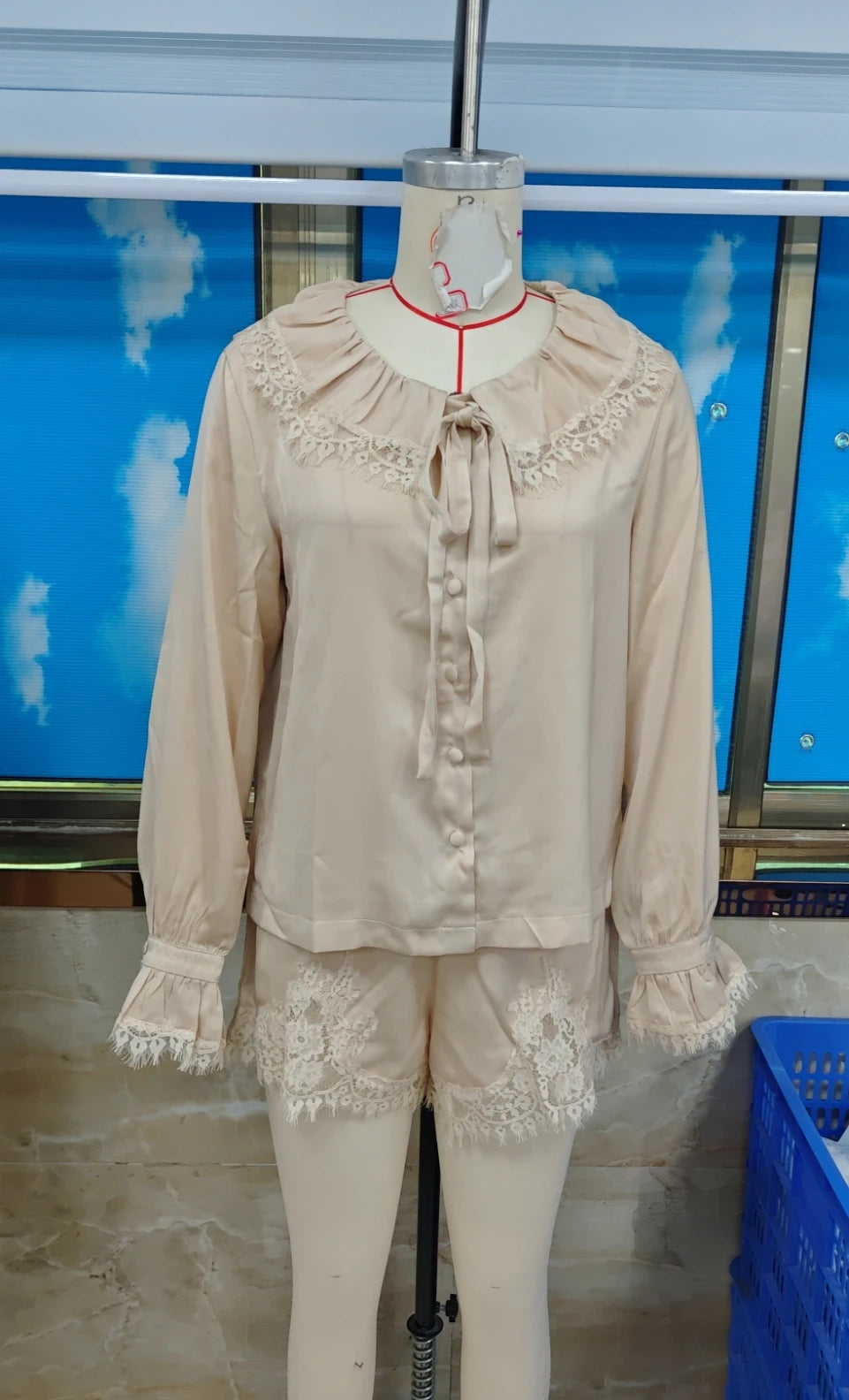 Y2K Two Piece Satin Lounge Shorts Set Women Silk Lace Trim V Neck Long Sleeve Blouse T-shirt and Shorts Elegant Lady Outfit