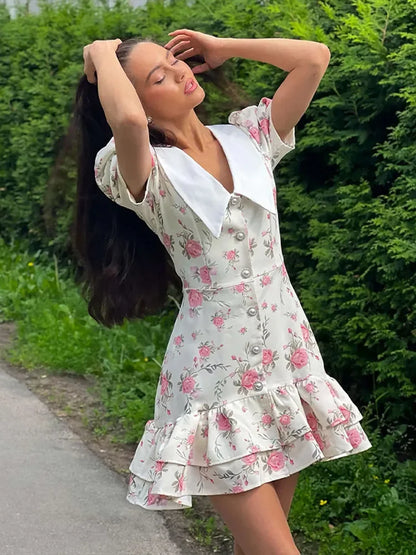 Chic Floral Puff Ruffle Dress