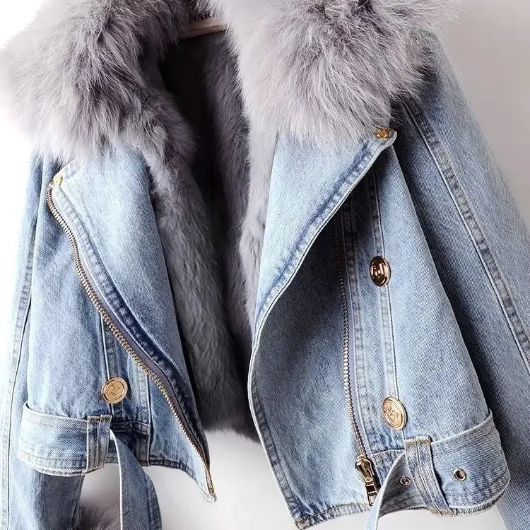 Denim Jacket Casual Punk Biker Faux Fox Fur Zipper Cowboy Coat