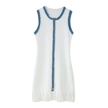 Elegant Pleated Patchwork Knitted Mini Dress